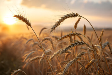 Golden Wheat Field at Sunset: Rural Landscape Photography showcasing ripe grain stalks bathed in warm sunlight