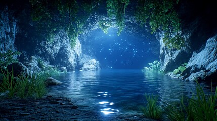 Serene cave entrance with glowing particles above a calm, blue pool