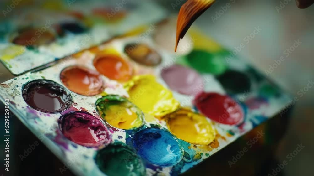 Poster man's hands working on a canvas, using various hues.