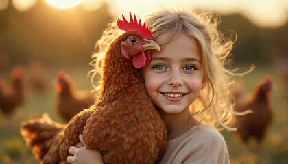 Free-range chickens on organic farm,Happy brown hens feeding on grass in a backyard farm environment with natural fencing