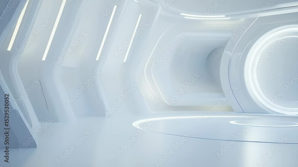 Poster minimalist futuristic white tunnel interior with circular light glowing design element and modern ar