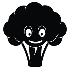 A cheerful broccoli cartoon character features a delightful, smiling face in monochrome simplicity