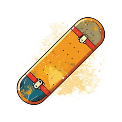 Grunge Style Skateboard Deck Illustration with Orange and Blue Design