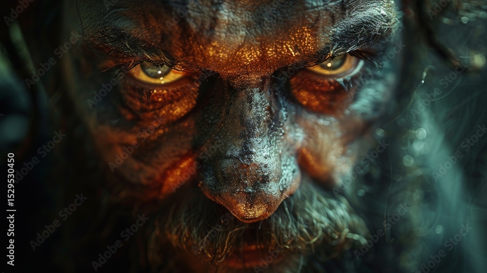 Poster a striking portrait of a rugged man with an intense and captivating expression, using dramatic light