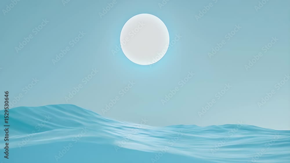 Poster abstract sphere over calm blue sea with minimalist geometric style in a clean rendering without wate