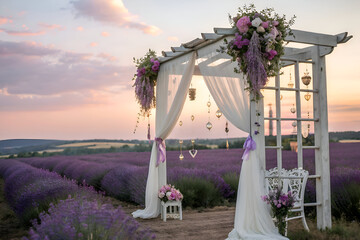 Romantic Lavender Field Wedding Ceremony Arch with Floral Decorations at Sunset
