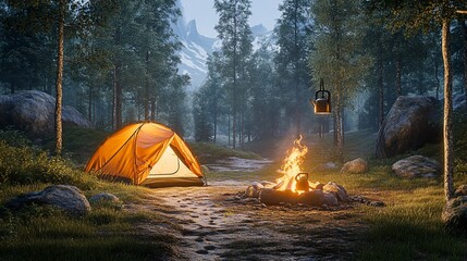 Serene mountain campsite with tent, fire, and kettle