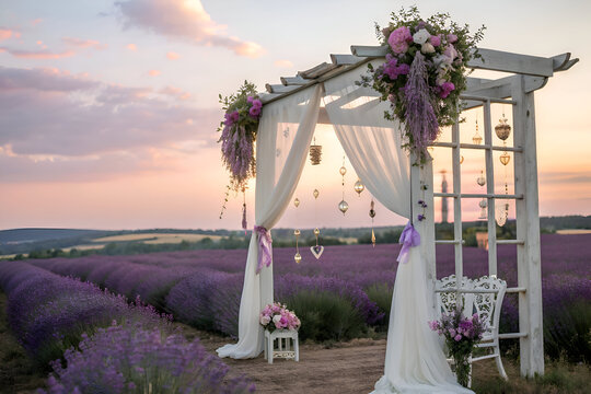 Romantic Lavender Field Wedding Ceremony Arch with Floral Decorations at Sunset