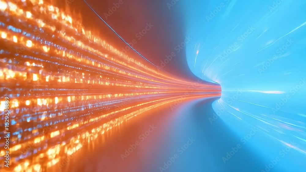 Poster abstract light tunnel with blue and orange glowing data streams in a dynamic motion background for m