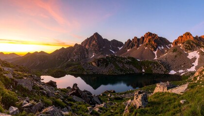 A tranquil alpine lake reflects rugged mountain peaks at sunset, surrounded by rocky terrain and patches of snow under a vibrant sky.