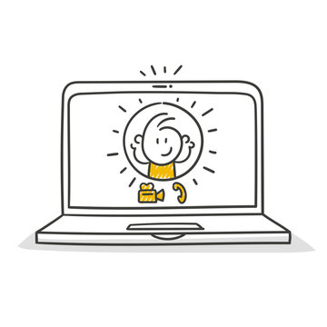 Strichfiguren / Strichm&auml;nnchen: Laptop, Computer, Videocall. (Nr. 861)