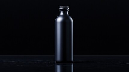 Sleek, black bottle with a dark cap sitting on dark, reflective surface