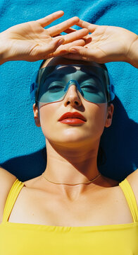 Woman sunbathing in yellow swimsuit and blue goggles on turquoise towel