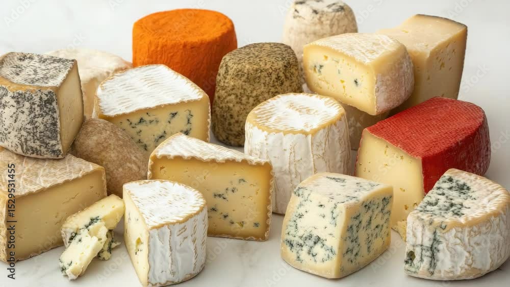 Poster a variety of cheeses are displayed on a table, including some that are sliced open. the cheeses are 