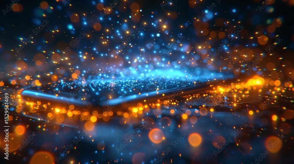 Poster an abstract representation of a smartphone surrounded by shimmering lights, symbolizing the modern d