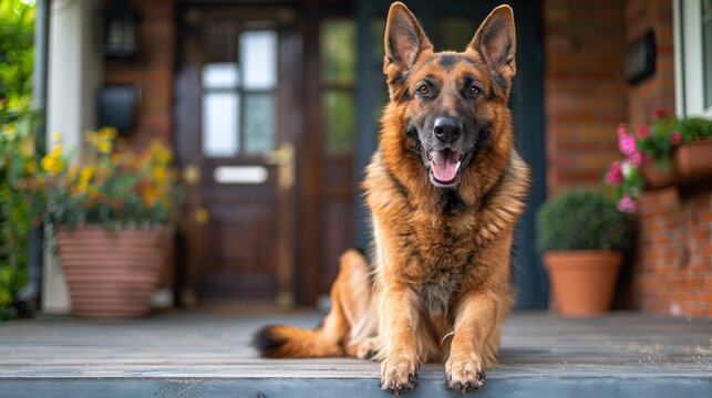 A beautiful German Shepherd dog lounges on the porch, exuding a sense of loyalty and calmness, showcasing the bond between pets and humans in a cozy home environment.