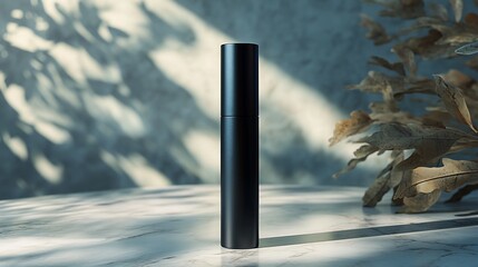 Sleek black container on marble surface with light and dried leaves