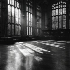Grand hall, sunlight through stained glass