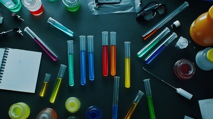 Top down view of test tubes with multicolored liquids on a lab table surrounded by pipettes safety goggles and a notepad creating an organized and ready for experimentation feel