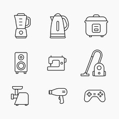 set of outline icon featuring everyday electrical appliances like blender, kettle, vacuum and more