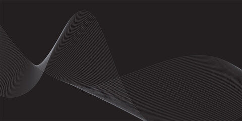 Abstract grey white flowing lines on a dark black background, digital wave effect.