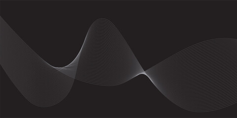 Abstract grey white flowing lines on a dark black background, digital wave effect.
