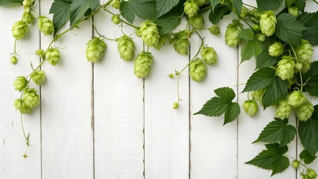 fresh green hops leaves frame with white background,for craft beer label