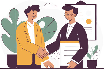 Two businessmen shaking hands in office meeting partnership deal agreement handshake professional teamwork collaboration success