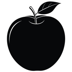 A sleek monochrome apple illustration features a single leaf, showcasing minimalist fruit art