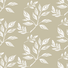 Elegant seamless pattern with hand-drawn silver botanical leaves on a beige background. A modern and organic design for sophisticated fabric, wallpaper, and decor.