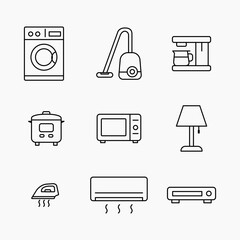 Minimal outline icon set showing common household electrical appliances including washer, microwave, coffee maker and more