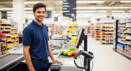 Friendly Supermarket Cashier at Checkout - Efficient Service with a Smile