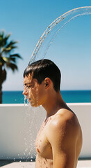 Teenager Showering Outdoors, Ocean View