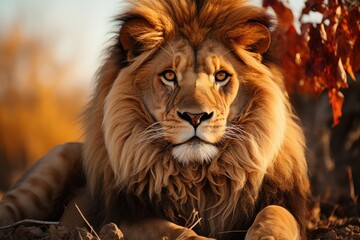Fototapeta premium A majestic lion with a beautifully flowing mane rests in the warm amber light of the savannah, representing strength, majesty, and the untamed beauty of wildlife.