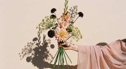 Hand holding a bouquet of flowers against a beige wall, casting a shadow.