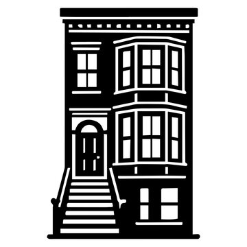 Brownstone house icon representing classic urban residential architecture with stoop and windows on transparent background
