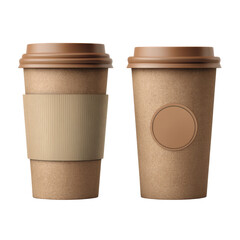 Stylish disposable coffee cups made of kraft paper for hot beverages with a sleeve and blank label for customization Transparent background or png