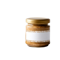 Glass jar of creamy nut butter with golden lid, isolated on white background, perfect for healthy cooking and snacking Transparent background or png