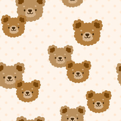 Cute teddy bears family hand-drawn faces with polka dot pastel peach texture, seamless pattern neutral for boy and girl background.
