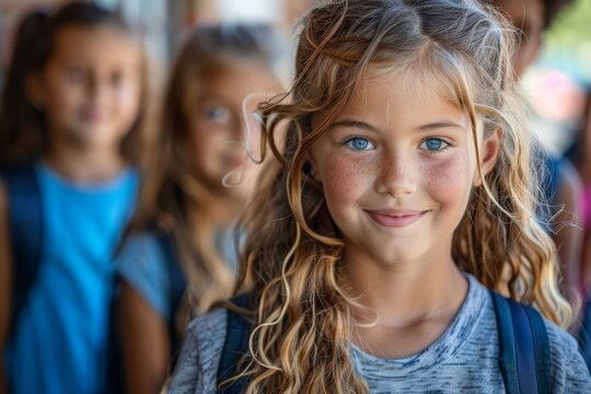 A young girl with curly hair smiles brightly in a school setting, surrounded by friends, embodying the joy and friendship often experienced during childhood.