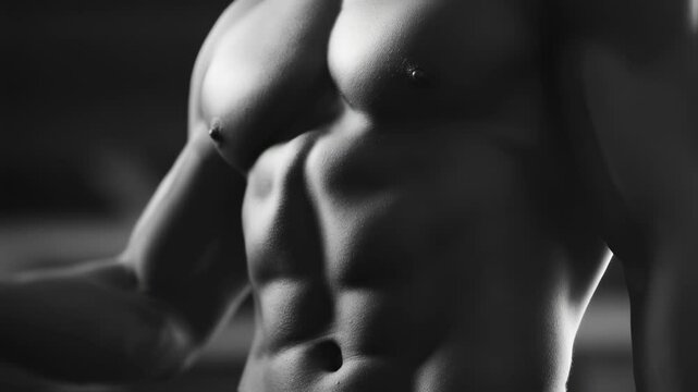 Muscular male bodybuilder revealing defined abs and muscular physique, flexing with strength and confidence under dramatic shadowy gym lighting