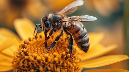 Fototapeta premium A close-up of a busy bee collecting nectar from a bright flower, symbolizing the vital role of pollinators and the beauty of nature's intricate relationships in the ecosystem.
