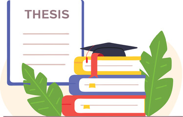 Education concept with graduation cap on stack of books thesis document and green leaves flat vector illustration