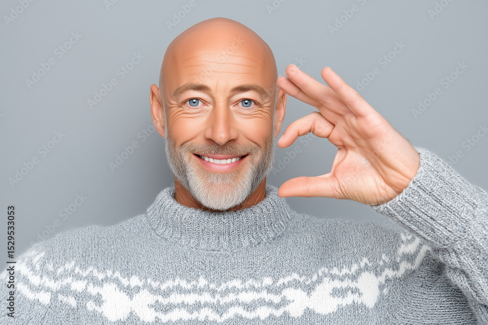 Poster smiling man looking at camera while making gesture of approval. indoor setting with neutral grey bac