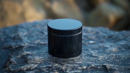 Small black container on textured stone. Neutral background. Close-up, shallow depth