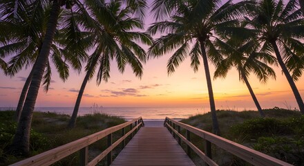 Sunset boardwalk leading to tropical beach with palm trees