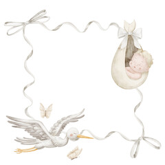 Square watercolor Template for Baby shower greeting card or newborn invitations. Childish Frame with Stork, ribbon baby in a soft cloth bundle. Illustration with infant in pastel colors.