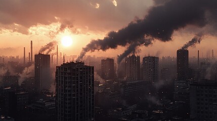 Smog-choked city at sunset, industrial pollution