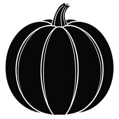 A solid black pumpkin with defined lines is presented on a white background