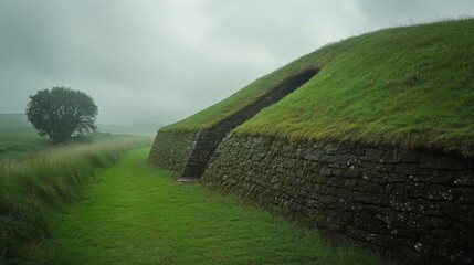 Ancient Stone Structure on Green Hill in the Rain